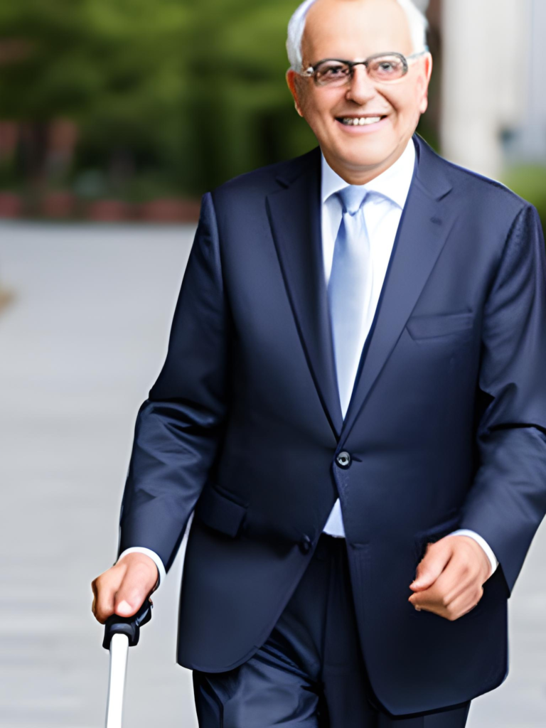 Image of a man wearing a suit using a white cane for orientation and mobility.