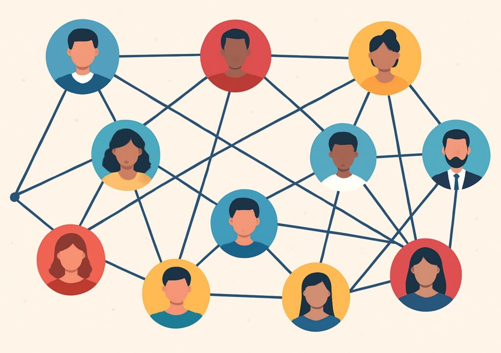 A diverse network of people's faces in colorful circles.